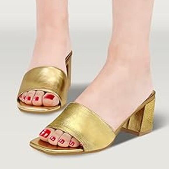 Pizz Annu Womens 7.5 Shiny Gold Open Toe 2.5" Block Heel Slide On Sandal Shoes - Picture 3 of 5